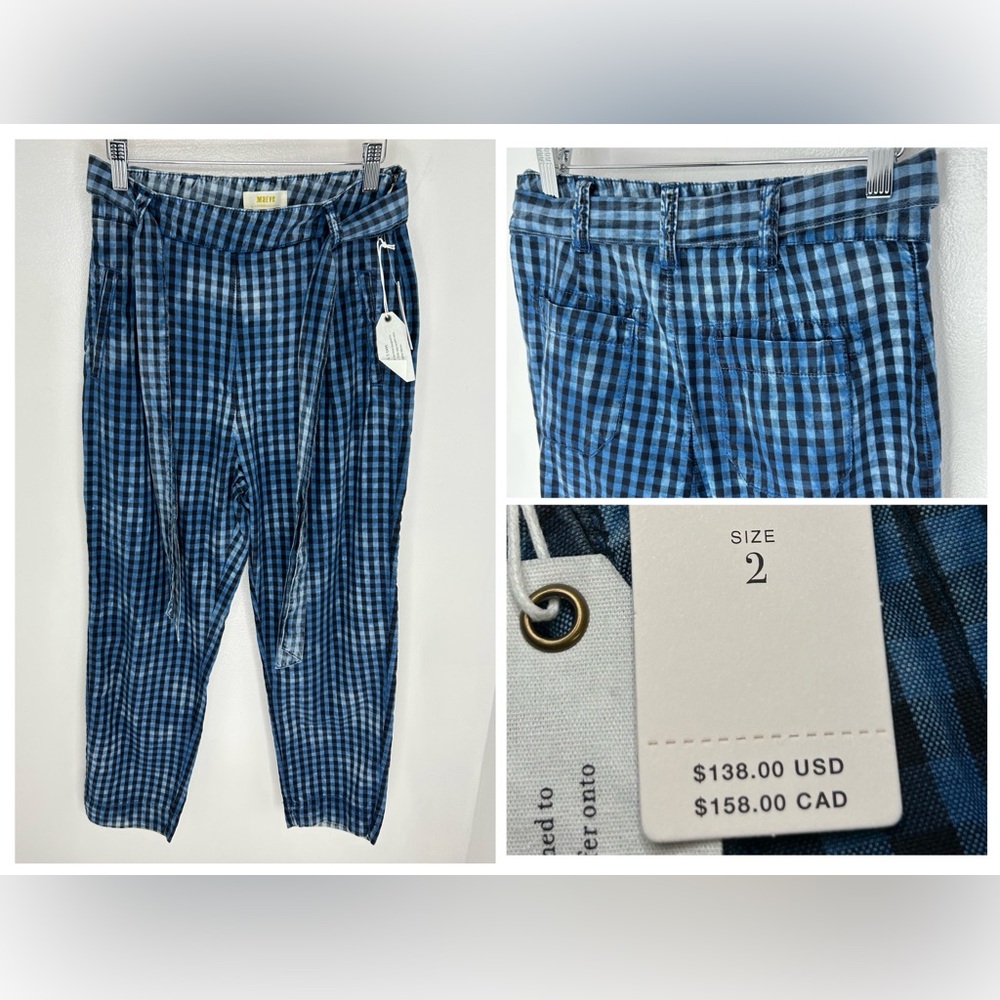 Maeve NWT Avryl Bleached Gingham Plaid High Rise Tapered Pants Size 2 Blue NEW
